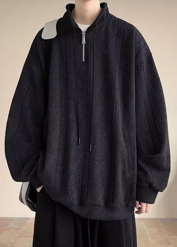 Pockets Spring Black Zip Up Simple Sweatshirt Cotton
