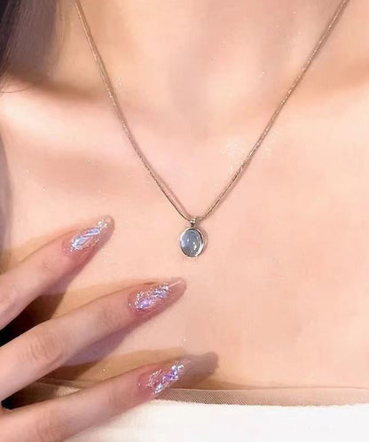 Simple Blue Alloy Gem Stone Pendant Necklace Kx1030