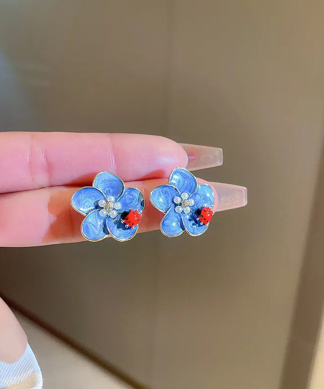 Simple Blue Alloy Pearl Oil Drip Seven Starred Ladybird Stud Earrings