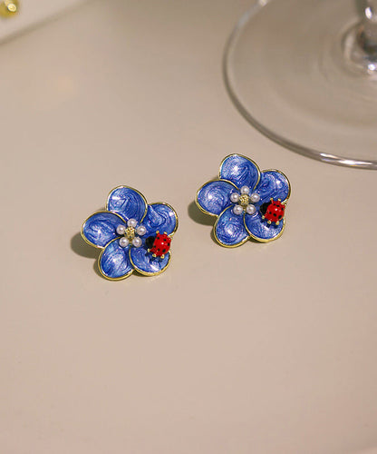 Simple Blue Alloy Pearl Oil Drip Seven Starred Ladybird Stud Earrings