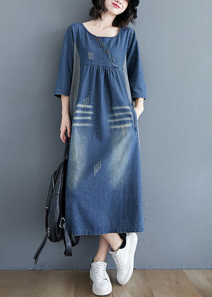 Simple Blue O-neck Patchwork Wrinkled Denim Long Dress Spring Ac2084