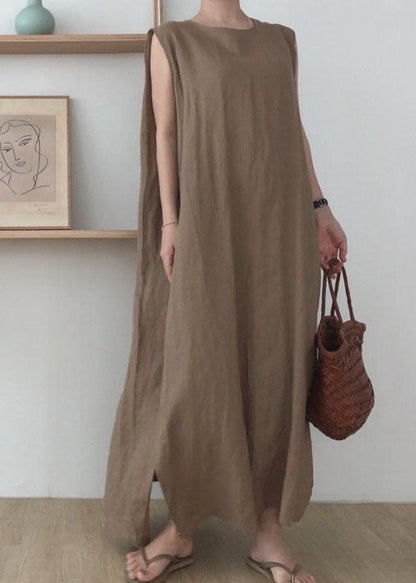 Simple Coffee O Neck Patchwork Cotton Maxi Dress Sleeveless Lc0435