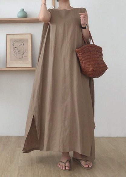 Simple Coffee O Neck Patchwork Cotton Maxi Dress Sleeveless Lc0435