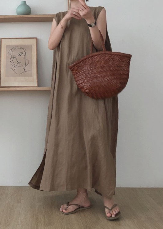 Simple Coffee O Neck Patchwork Cotton Maxi Dress Sleeveless Lc0435
