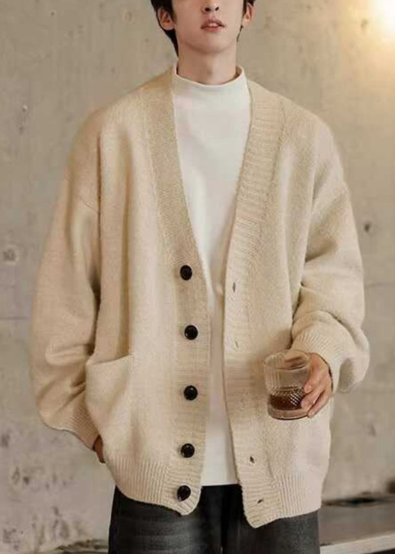 Spring Cardigans Simple Pockets Neck V Gray Knit Dark