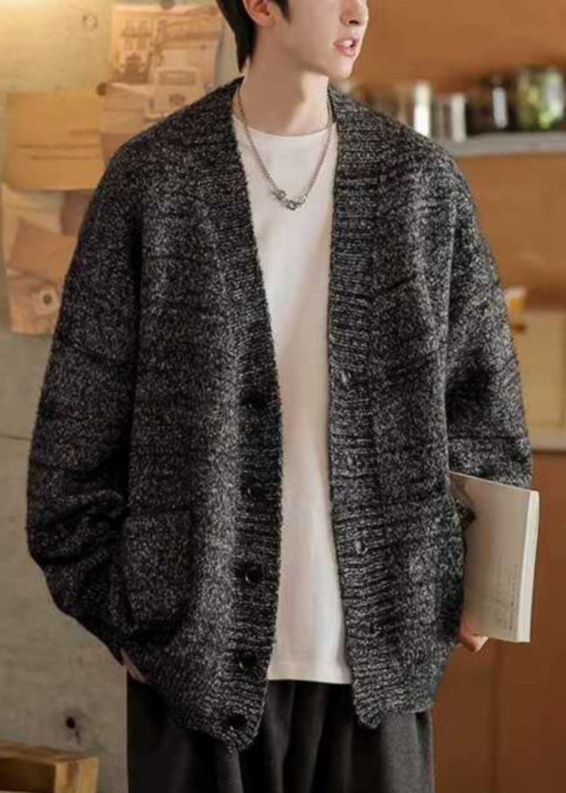Spring Cardigans Simple Pockets Neck V Gray Knit Dark