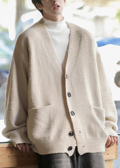 Spring Cardigans Simple Pockets Neck V Gray Knit Dark