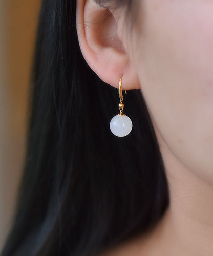 Simple Gold 18k Gold Inlaid Sheep Fat Jade Ball Drop Earrings