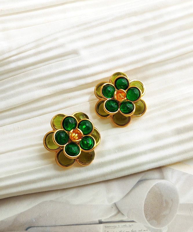 Simple Green Copper Glod Plated Stud Earrings