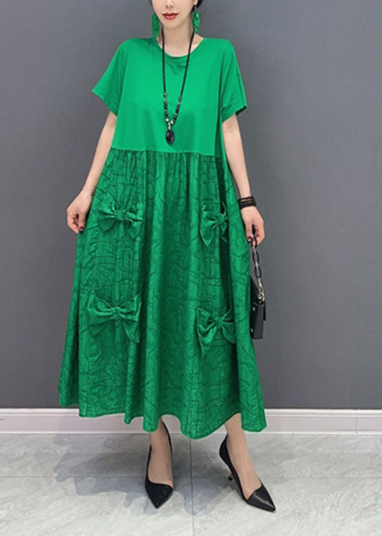 Simple Green O-neck Patchwork Jacquard Cotton Long Dresses Summer Ly1572