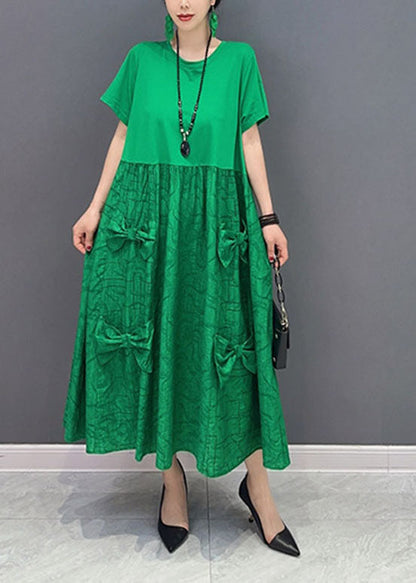 Simple Green O-neck Patchwork Jacquard Cotton Long Dresses Summer Ly1572