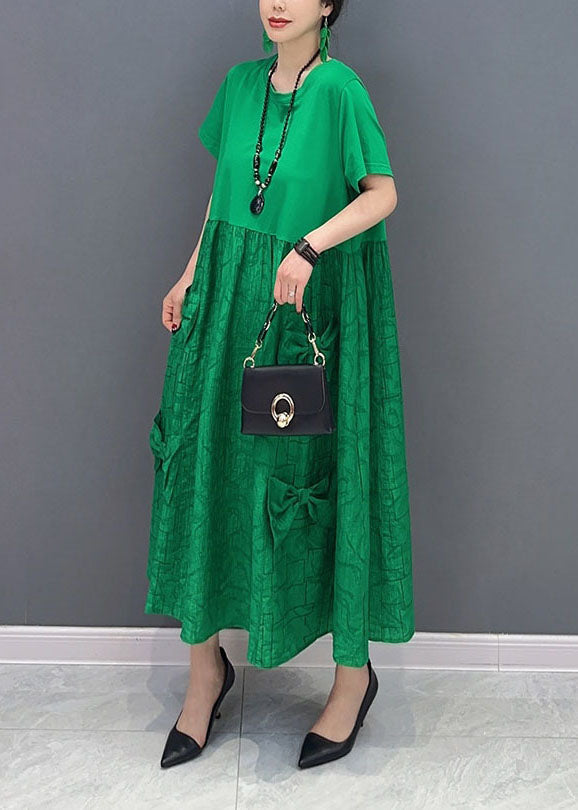 Simple Green O-neck Patchwork Jacquard Cotton Long Dresses Summer Ly1572
