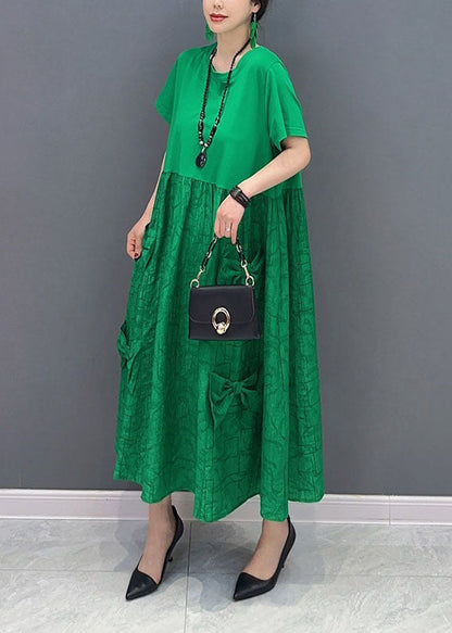 Simple Green O-neck Patchwork Jacquard Cotton Long Dresses Summer Ly1572