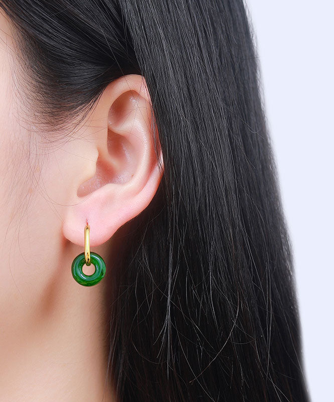 Simple Green Sterling Silver Overgild Jade Ping an Buckle Drop Earrings