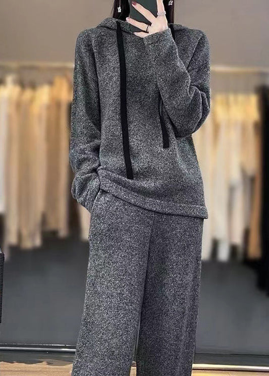 Simple Grey Hooded Pockets Woolen Two-piece Set Winter Wm008
