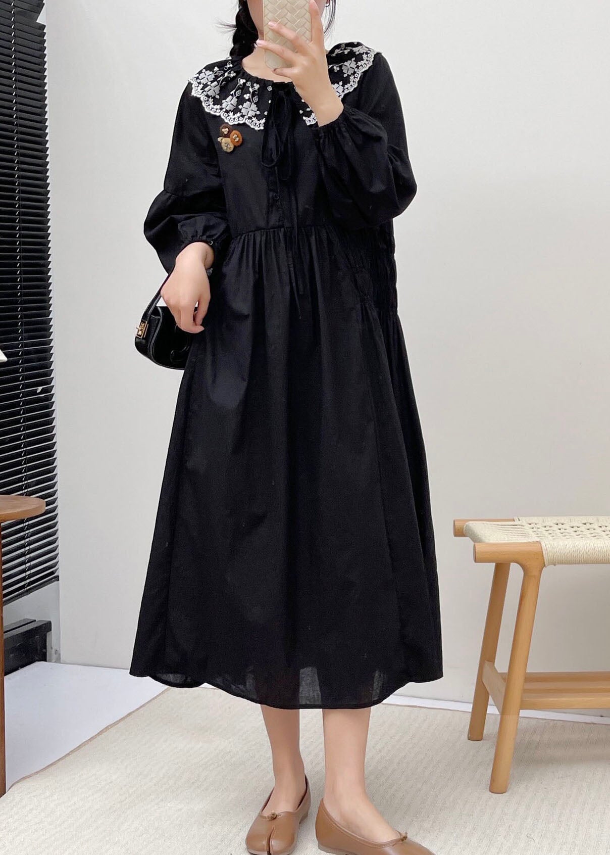 Simple Grey Peter Pan Collar Patchwork Wrinkled Vacation Long Dresses Long Sleeve Bv021