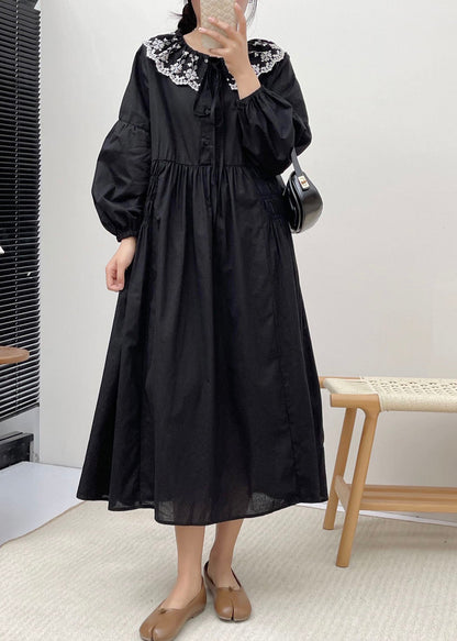 Simple Grey Peter Pan Collar Patchwork Wrinkled Vacation Long Dresses Long Sleeve Bv021
