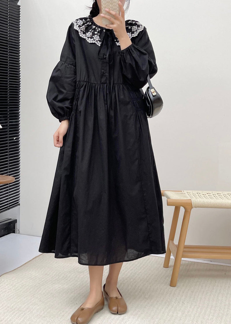 Simple Grey Peter Pan Collar Patchwork Wrinkled Vacation Long Dresses Long Sleeve Bv021