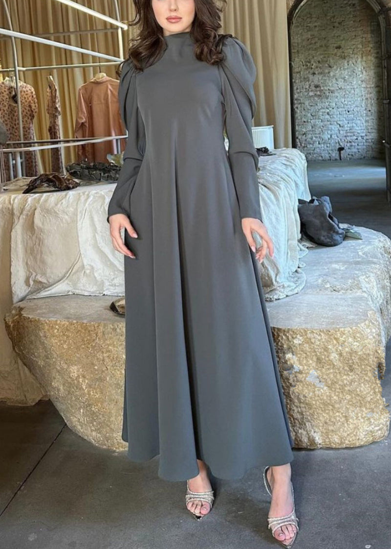 Simple Grey High Waist Cotton Long Dresses Fall Ql013