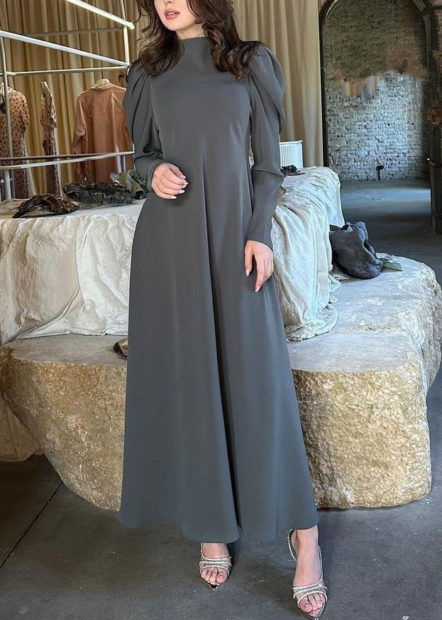 Simple Grey High Waist Cotton Long Dresses Fall Ql013