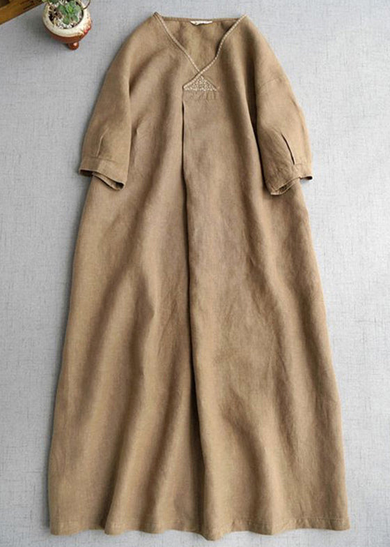 Simple Khaki V Neck Pockets Linen Long Dress Summer Gh1074