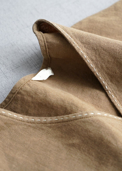 Simple Khaki V Neck Pockets Linen Long Dress Summer Gh1074