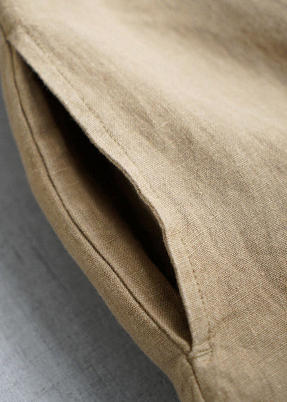 Simple Khaki V Neck Pockets Linen Long Dress Summer Gh1074