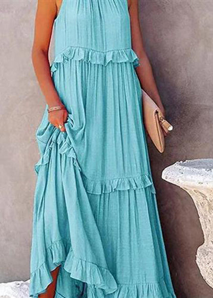 Simple Light Blue Ruffled Patchwork Wrinkled Long Dresses Summer Gh1005