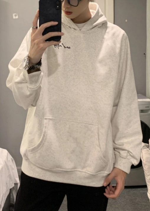 Simple Light Grey Hooded Pockets Cotton Sweatshirt Spring Yq021