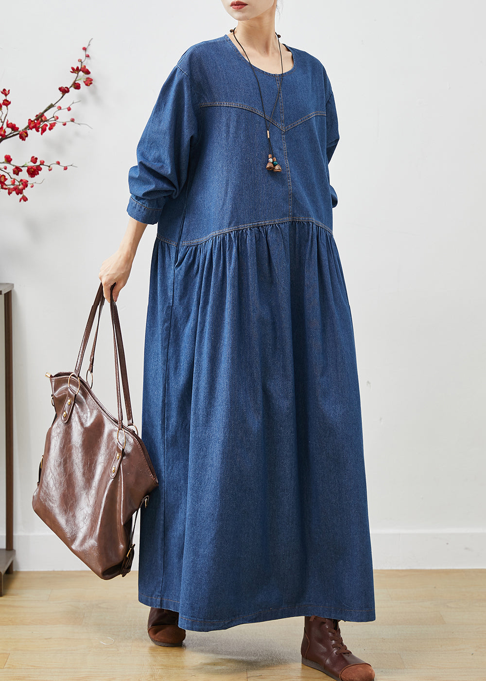 Simple Navy Oversized Denim Long Dress Spring Ap1073