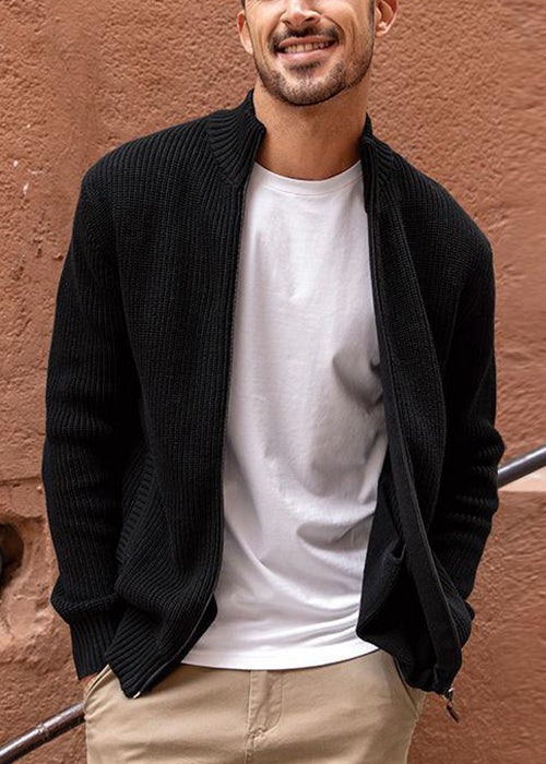 Up Zip Spring Knit Pockets Cardigan Navy Simple