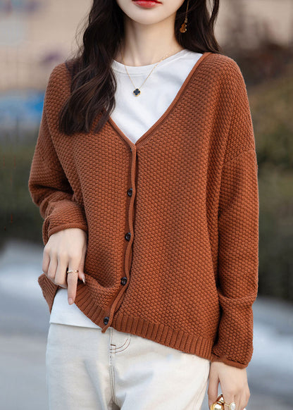 Simple Orange V Neck Button Cotton Knit Cardigan Fall Qi014