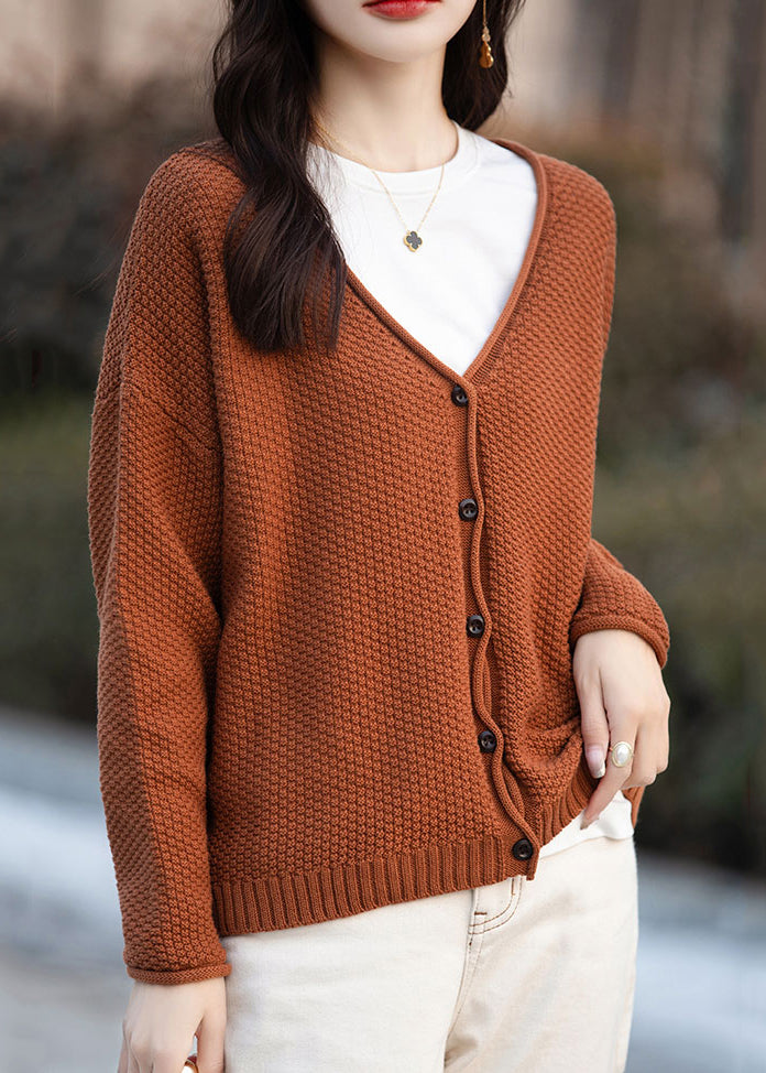Simple Orange V Neck Button Cotton Knit Cardigan Fall Qi014