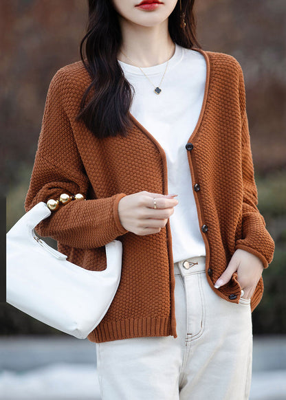 Simple Orange V Neck Button Cotton Knit Cardigan Fall Qi014
