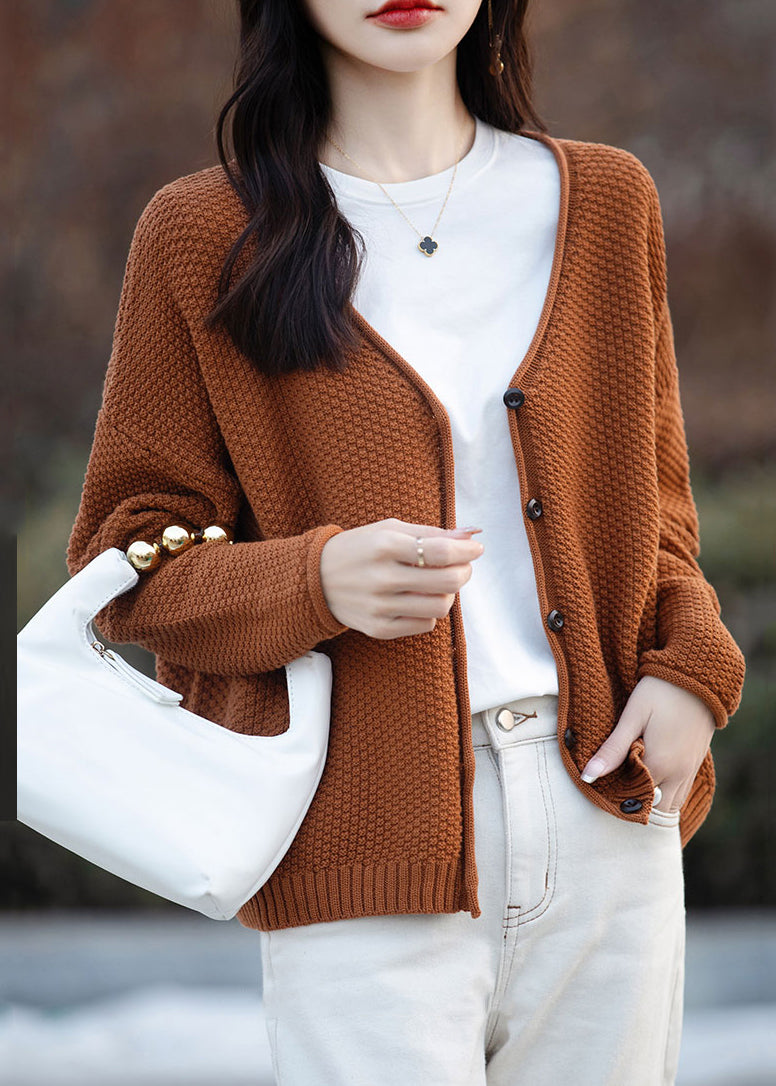 Simple Orange V Neck Button Cotton Knit Cardigan Fall Qi014