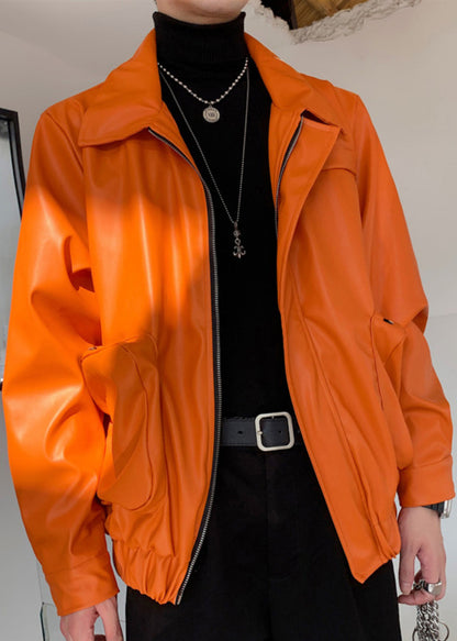 Simple Orange Zippered Pockets Faux Leather Coats Spring Rn031