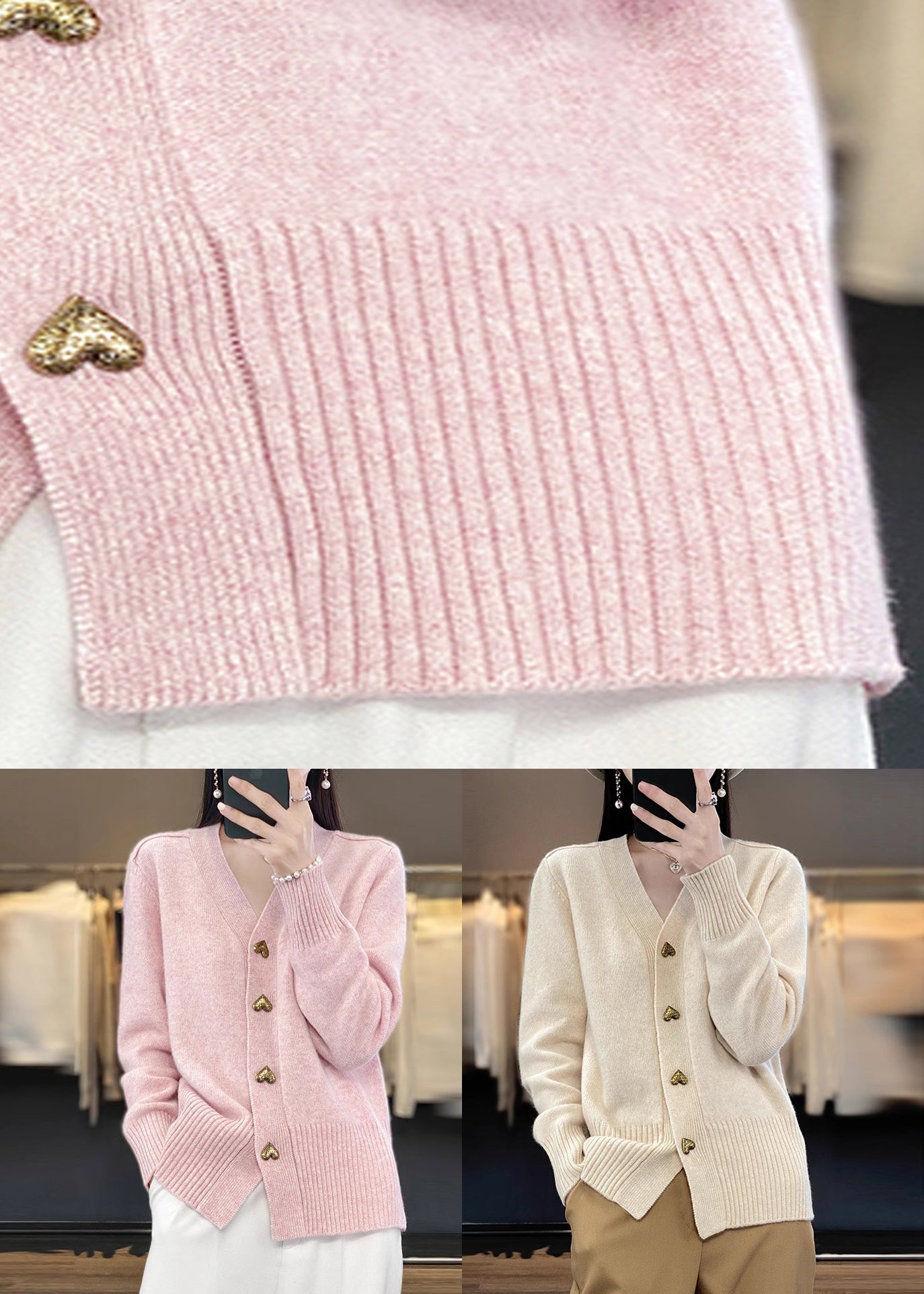 Pink Cozy Neck Coat Spring Button Simple Knit V