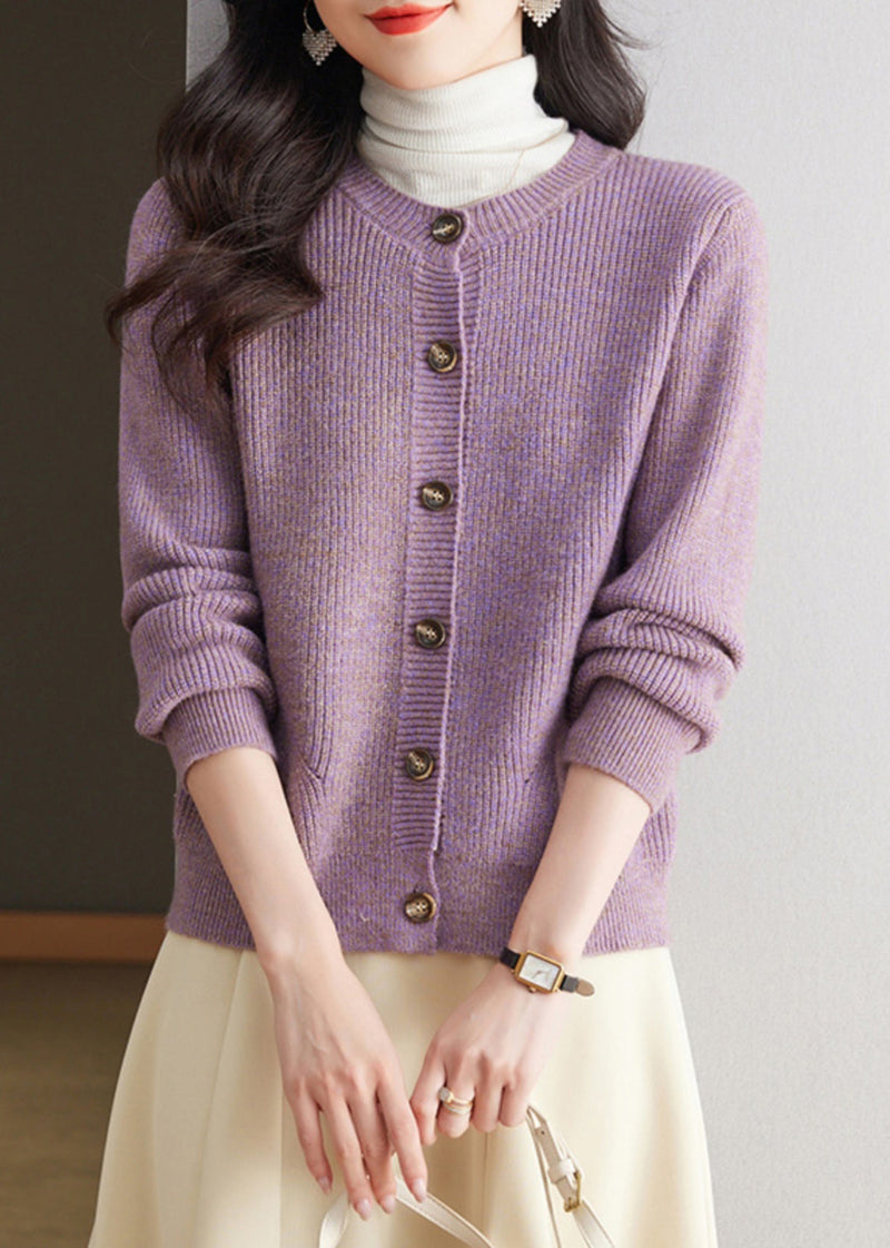 Simple Purple O Neck Button Knit Cardigan Fall Qs001