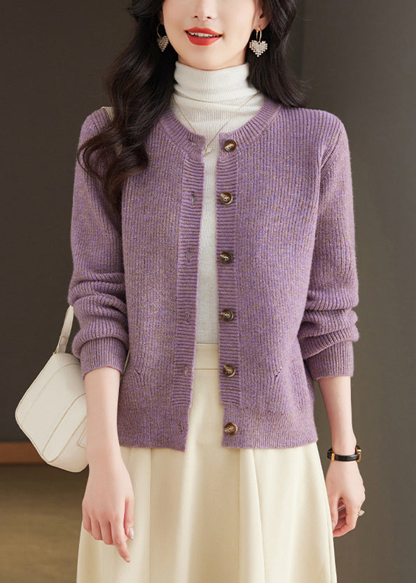 Simple Purple O Neck Button Knit Cardigan Fall Qs001