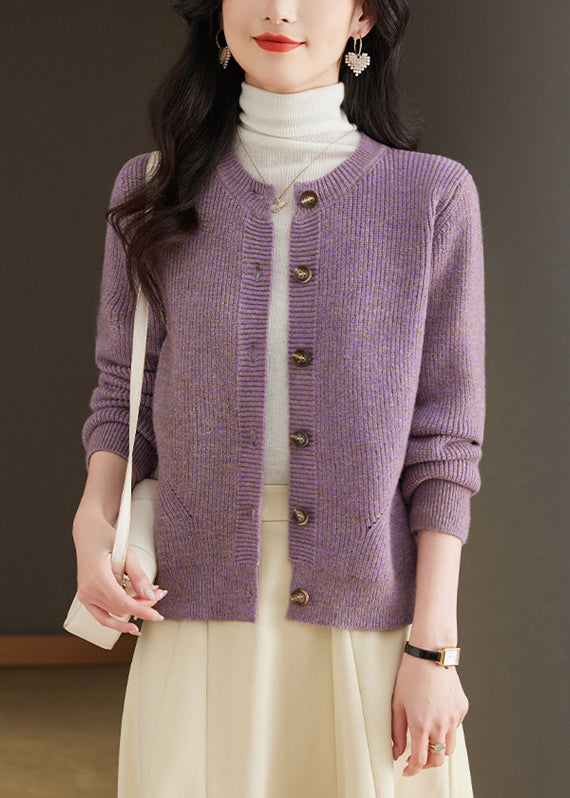 Simple Purple O Neck Button Knit Cardigan Fall Qs001