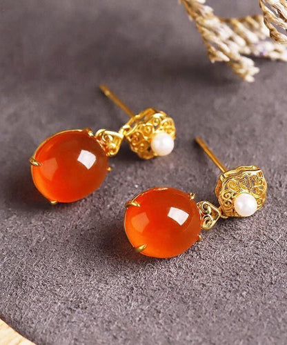 Simple Red 18k Gold Inlaid Jade Agate Drop Earrings