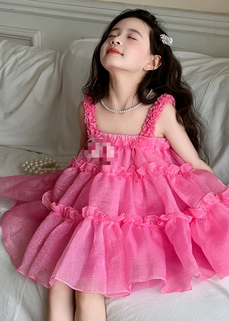 Simple Red Square Collar Chiffon Kids Dress and Shorts Two Pieces Set Summer Ew027