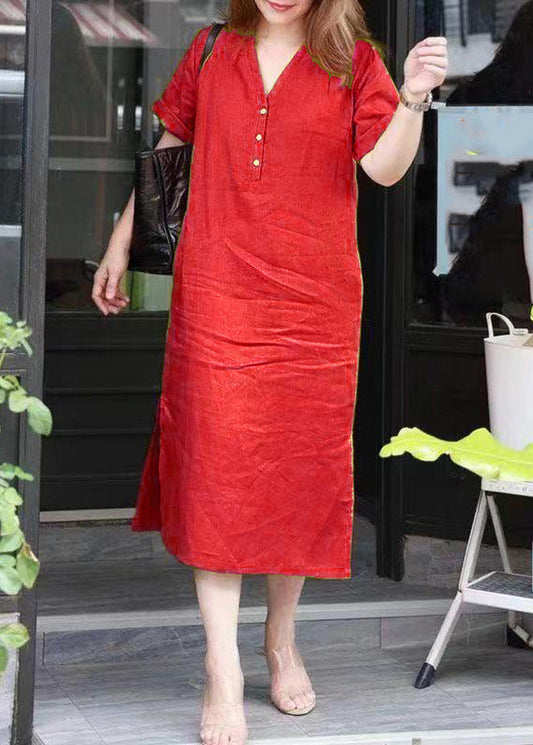 Simple Red V Neck Patchwork Side Open Long Dresses Summer Vb1027