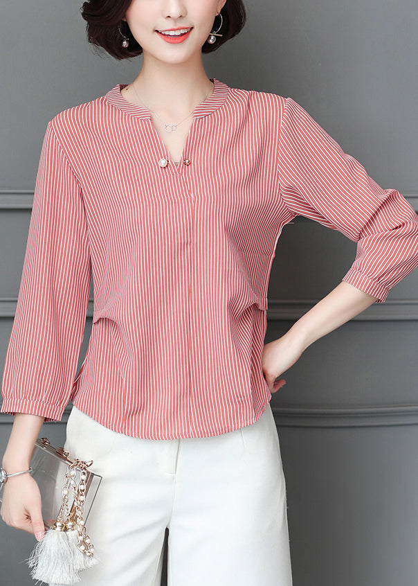 Simple Red V Neck Wrinkled Striped Chiffon Blouse Top Bracelet Sleeve Ly0457