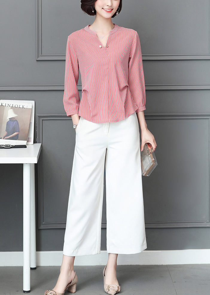 Simple Red V Neck Wrinkled Striped Chiffon Blouse Top Bracelet Sleeve Ly0457