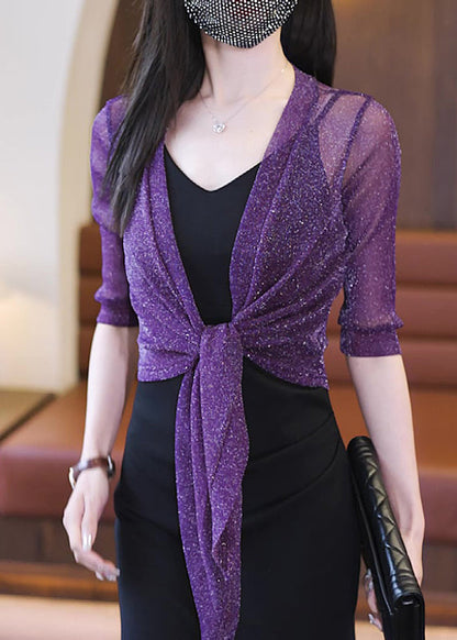 Simple Rose V Neck Lace Up Tulle Cardigans Half Sleeve As1088
