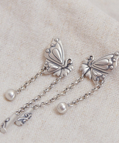 Simple Silk Sterling Silver Butterfly Tassel Xiangyun Drop Earrings