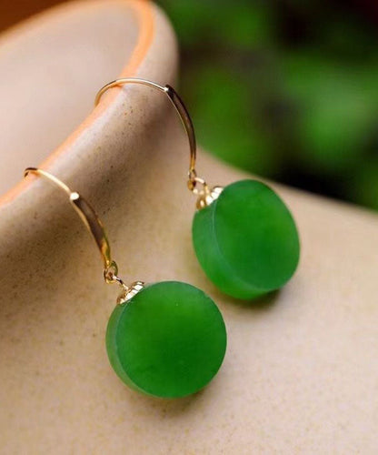Simple Spinach Green 18k Gold Inlaid Jade Round Brand Drop Earrings