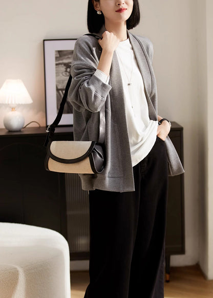 Simple Style Grey V Neck Pockets Cotton Cardigans Spring Tj031