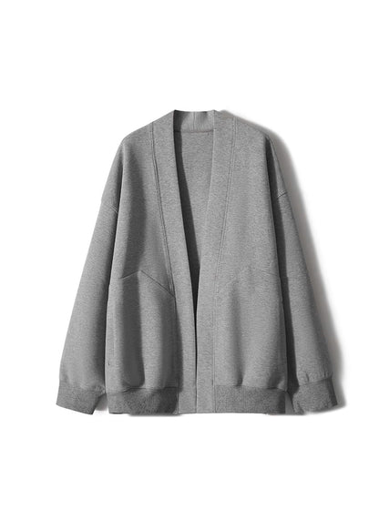 Simple Style Grey V Neck Pockets Cotton Cardigans Spring Tj031